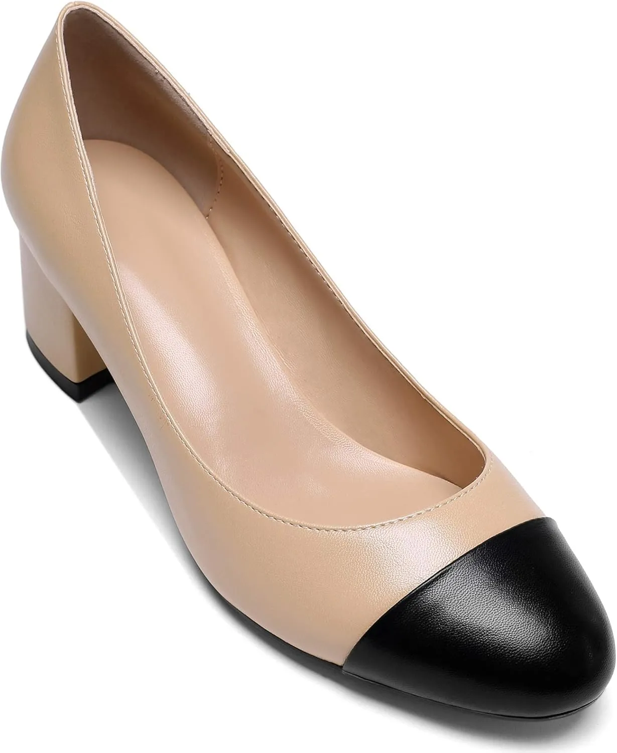 YODEKS Women 2" Low Block Heels Slip On Cap Toe Pumps, Synthetic Microfiber & Rubber Sole, Socialites & Event-goers