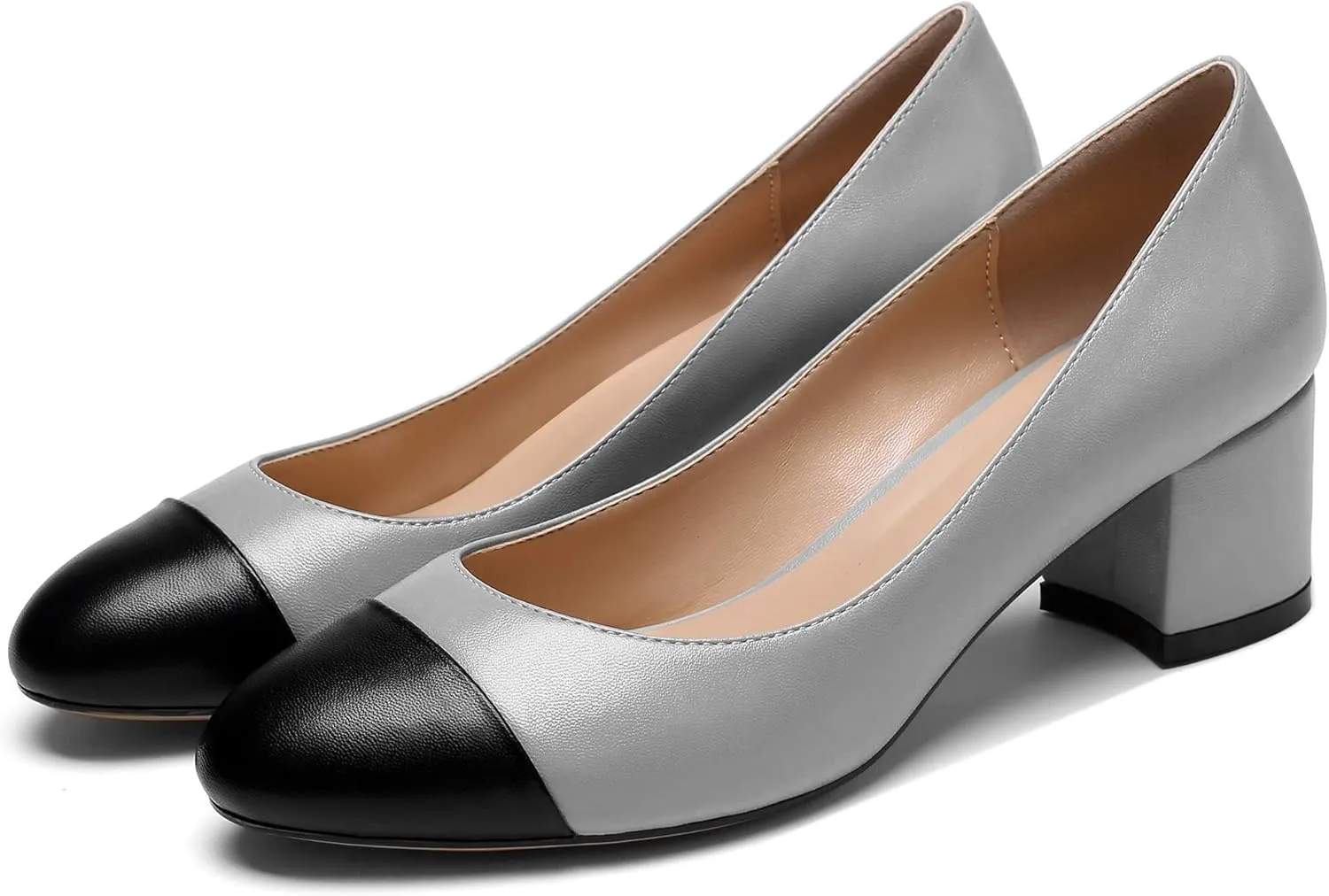 YODEKS Women 2" Low Block Heels Slip On Cap Toe Pumps, Synthetic Microfiber & Rubber Sole, Socialites & Event-goers