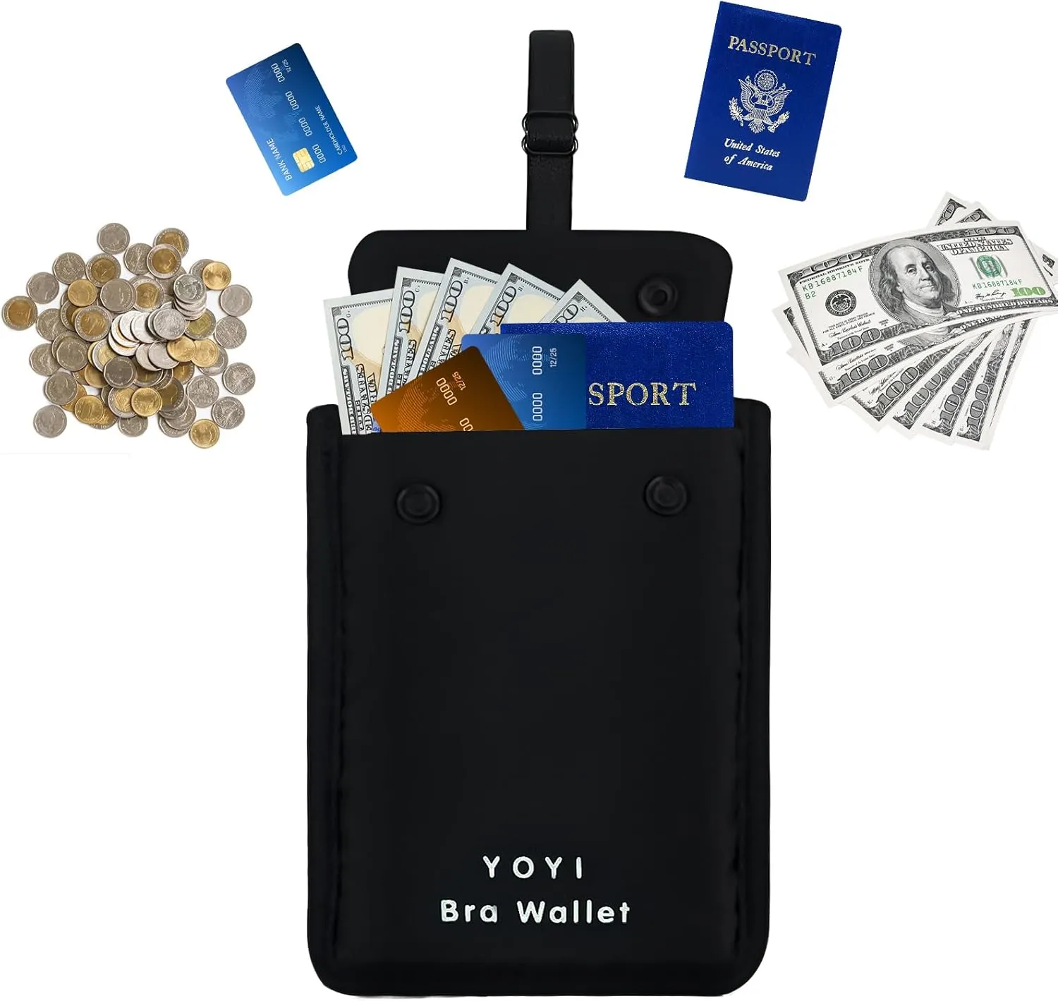YOYI YOYI RFID Undercover Bra Wallet,Travel Pouch,Secret Pocket - Credit Cards & Money & Valuables with Adjustable,Elastic Strap Suitable for All Bra Sizes Large Black