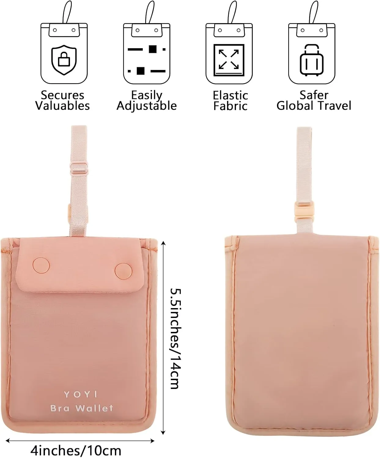 YOYI YOYI RFID Undercover Bra Wallet,Travel Pouch,Secret Pocket - Credit Cards & Money & Valuables with Adjustable,Elastic Strap Suitable for All Bra Sizes Pink -Large