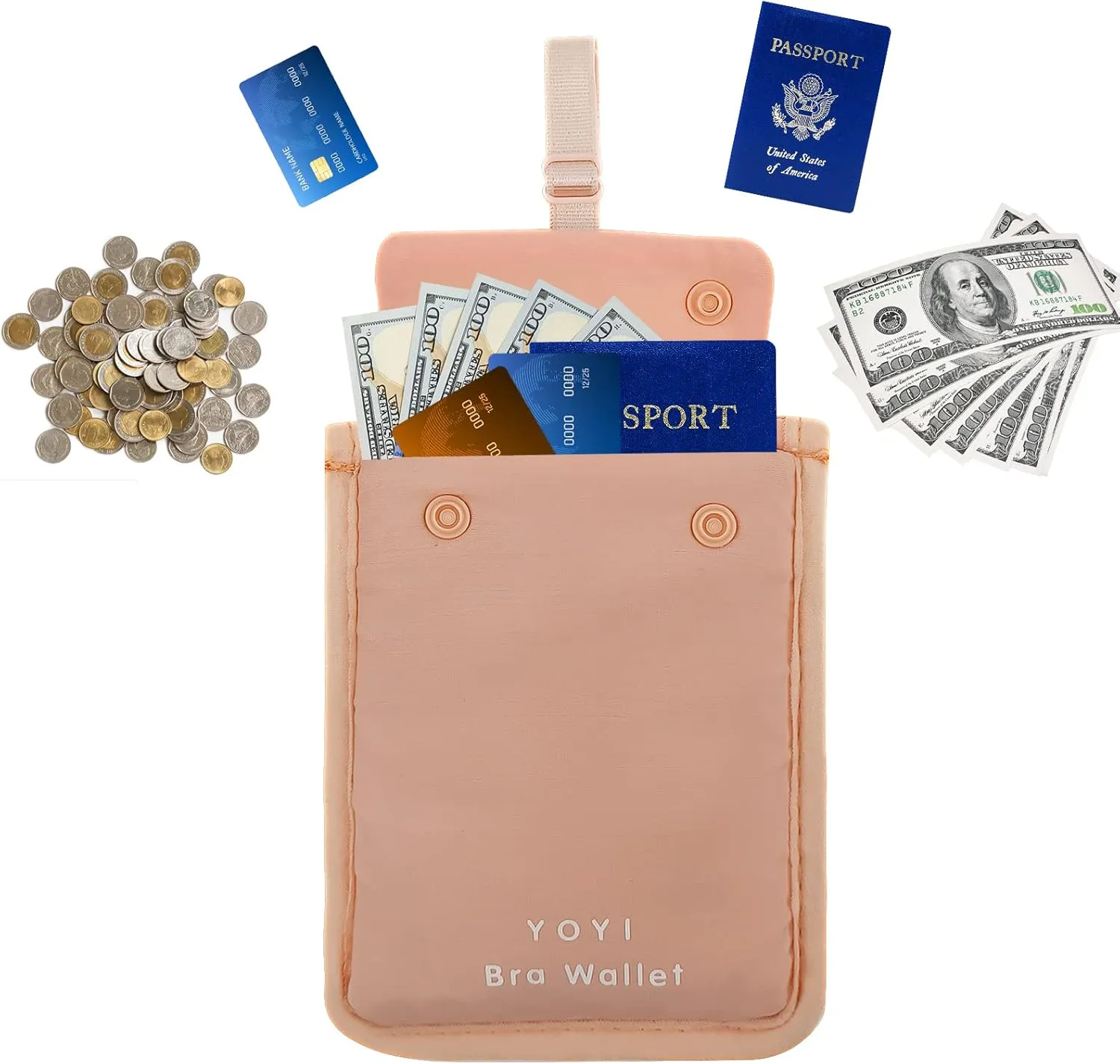 YOYI YOYI RFID Undercover Bra Wallet,Travel Pouch,Secret Pocket - Credit Cards & Money & Valuables with Adjustable,Elastic Strap Suitable for All Bra Sizes Pink -Large