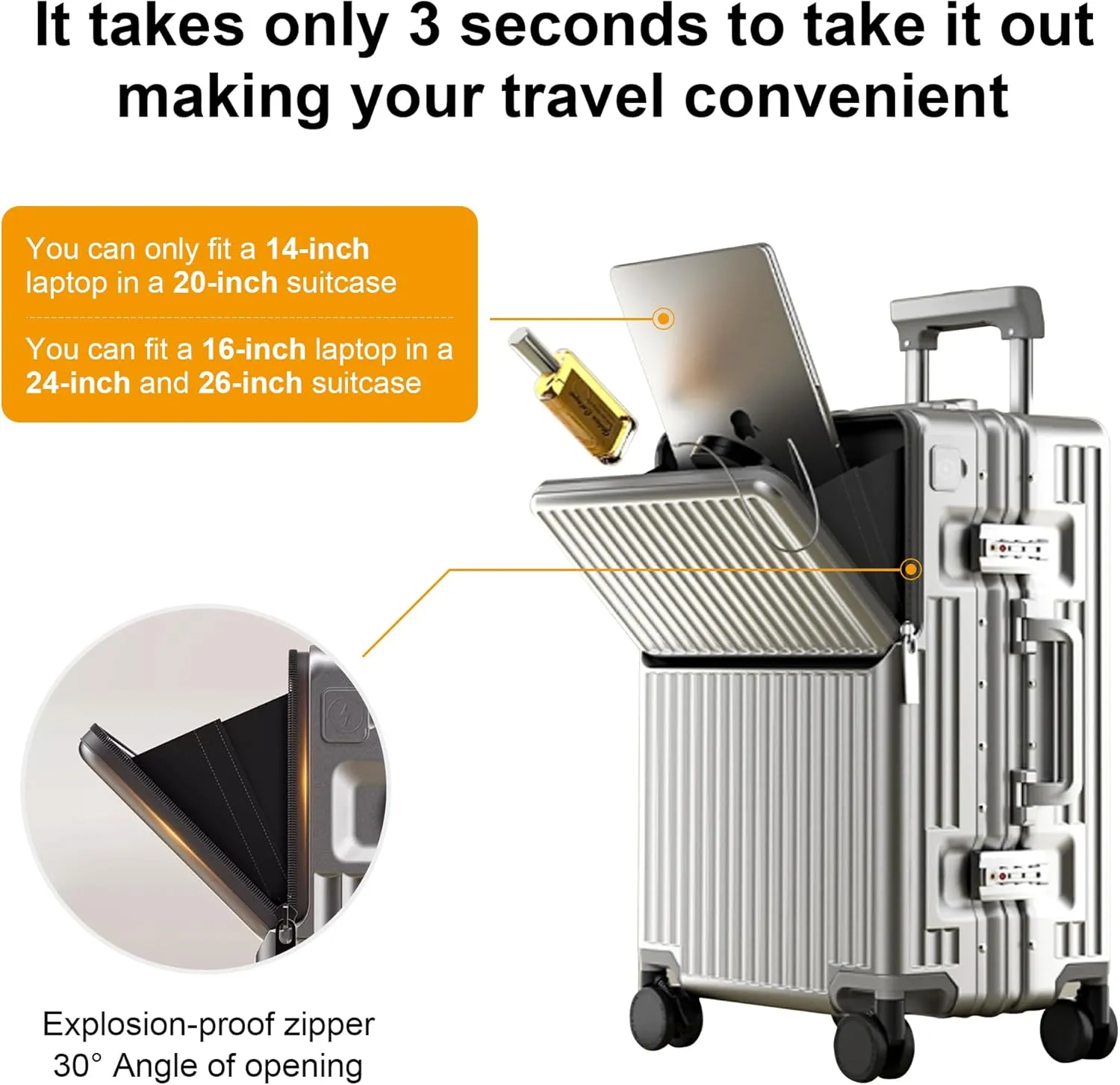 Zipperless Luggage, Polycarbonate Aluminum Hard Shell, Expandable Carry-On Suitcase with Spinner Wheels, Hard Shell Suitcase, 20 Inch Cabin