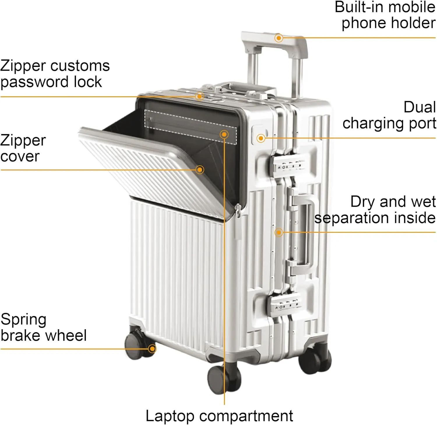 Zipperless Luggage, Polycarbonate Aluminum Hard Shell, Expandable Carry-On Suitcase with Spinner Wheels, Hard Shell Suitcase, 24 Inch Cabin